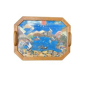 Barbara Xumaia Hand Made Wooden Serving Tray Folk‎ Art Coastal Brazil Handles